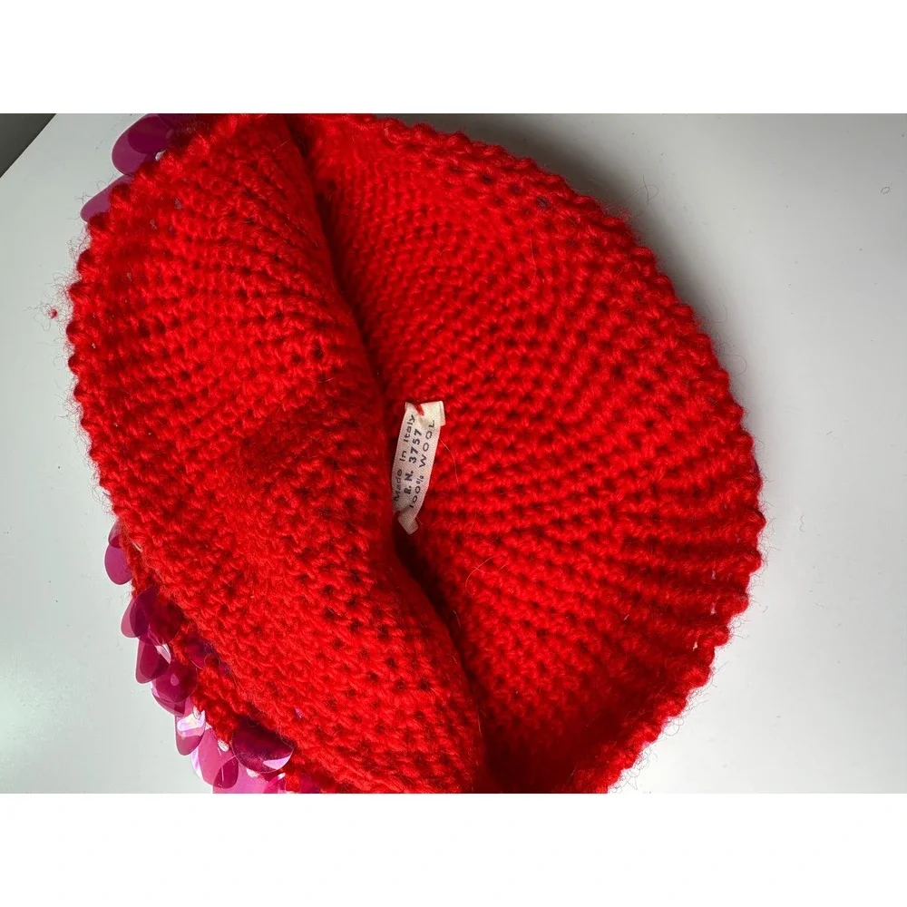 Vintage 1960s Red Wool Knit MOD Hat Large Pink Sequins Futuristic Made in Italy